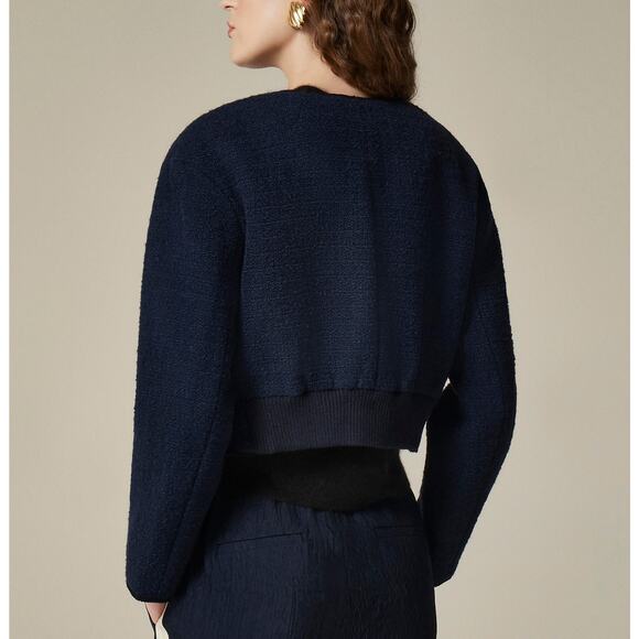 J.Crew Tweed Bomber Lady Jacket Navy Wool Blend Preppy Cropped Relaxed US 12 NWT - Picture 4 of 11